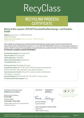 RecyClass RECYCLING PROCESS CERTIFICATE