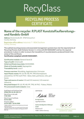 RecyClass RECYCLING PROCESS CERTIFICATE